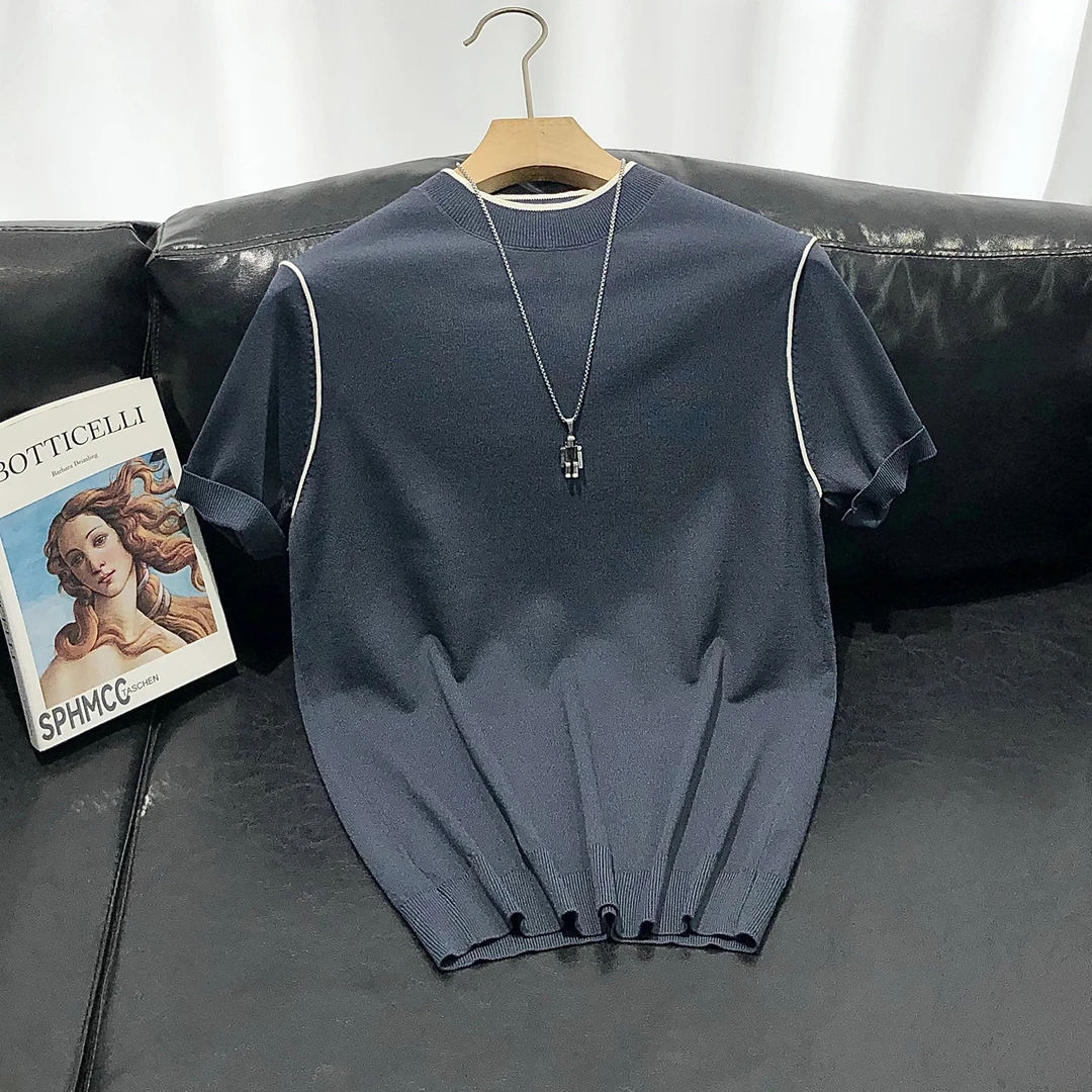 梦泡官方夏季新款中领纯色针织短袖男冰假男男士薄款针织开衫