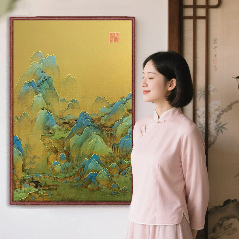 千里江山图挂画铜雕刻金属实木框山水客厅玄关过道背景墙装饰画