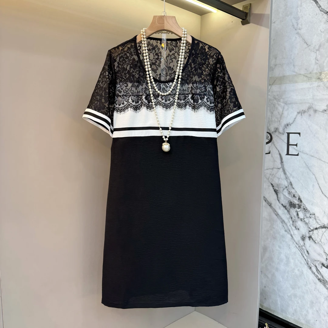 2025新款欧货蕾丝拼接黑白撞色精致名媛风大码显瘦连衣裙8108