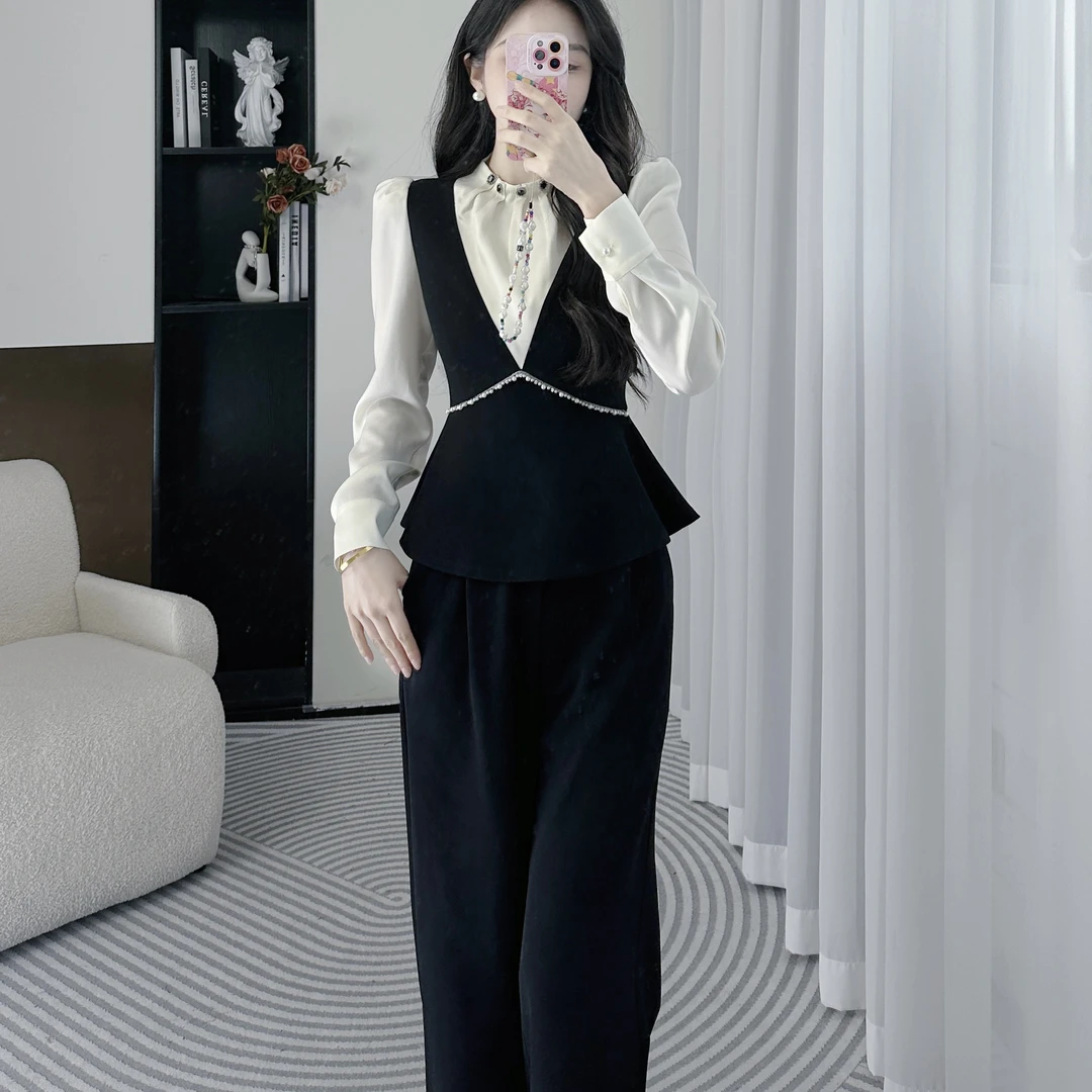 拉夏贝尔25秋季新法式气质高级显瘦小香风衬衫+阔腿裤 10298 lqj