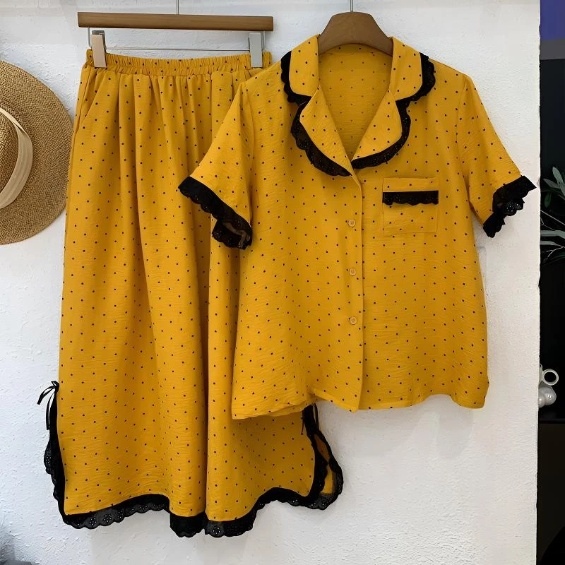 少女波点印花开衫睡衣女夏季2025新款大码宽松短袖长裤家居服套装