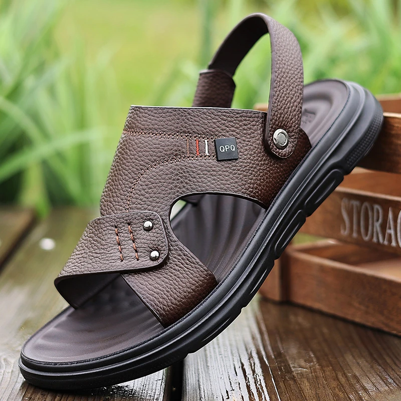 沙夏季新款牛皮凉鞋滩鞋外穿车缝线男款男士凉鞋鞋子休闲时尚