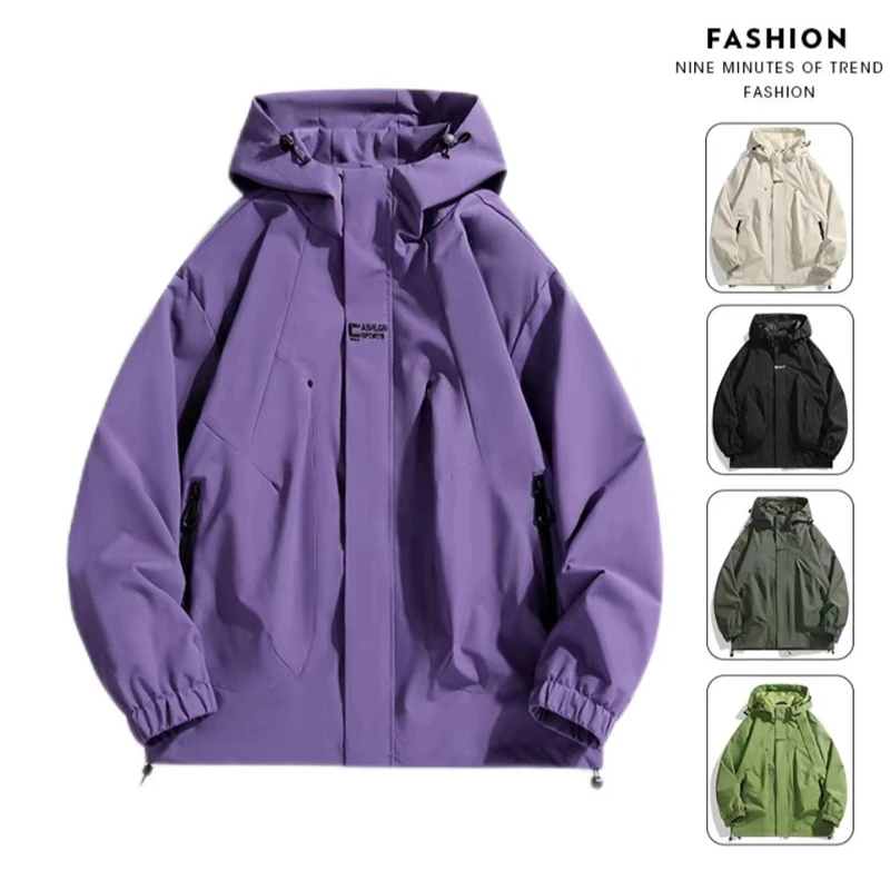 2025春款户外登山防风防水美式连帽情侣冲锋衣外套高级百搭夹克