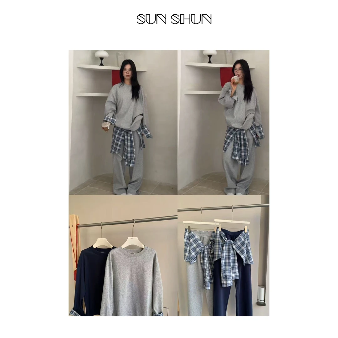 Sanshun－(卫衣套装)－春季新款纯色套装格子屁帘卫衣时尚宽松慵懒