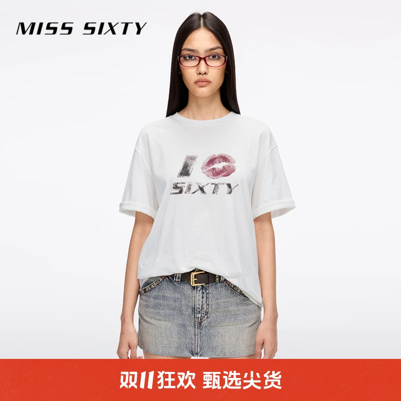 Miss Sixty2025夏季新款短袖棉麻T恤女圆领复古印花中长款中性风