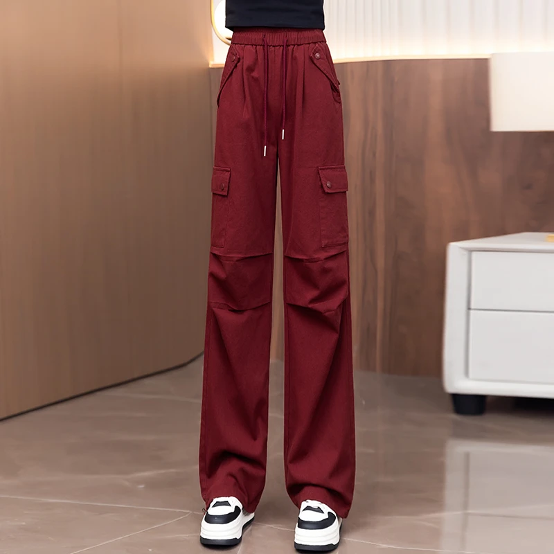 今年流行安哥拉红工装裤女2025春秋新款松紧高腰抽绳多口袋阔腿裤