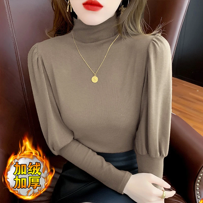 加厚加绒半高领打底衫女秋冬洋气内搭2025新款长袖恤泡泡袖上衣