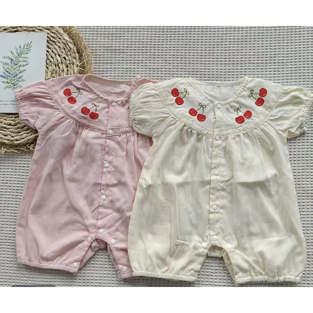 新生儿夏季连体衣女宝宝甜美短袖爬服婴幼儿夏装樱桃绣花衣服薄款
