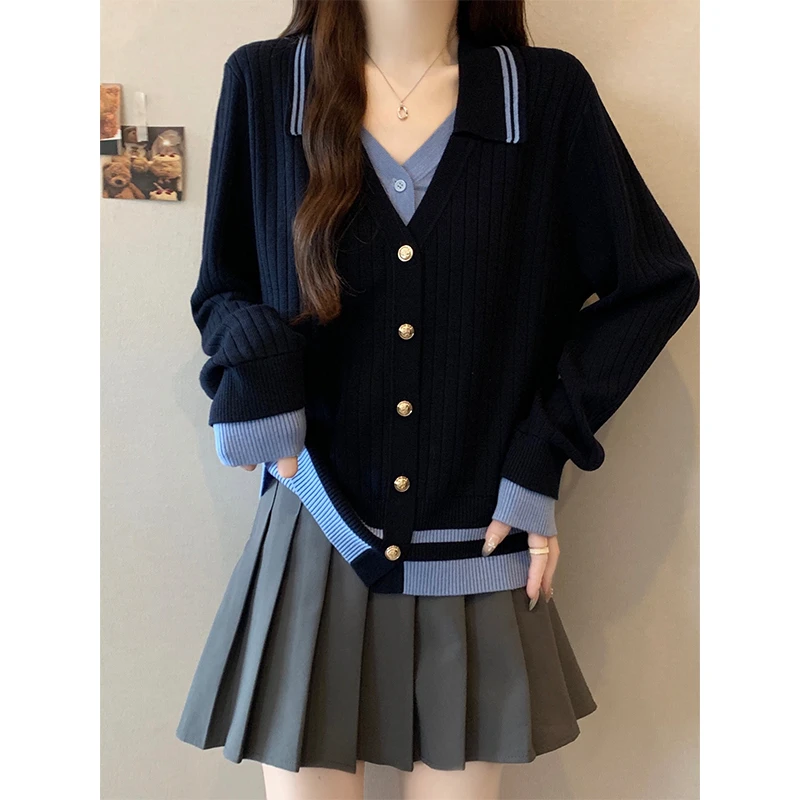 大码女装胖MM韩系时尚假两件长袖针织开衫女秋冬季宽松慵懒风上衣