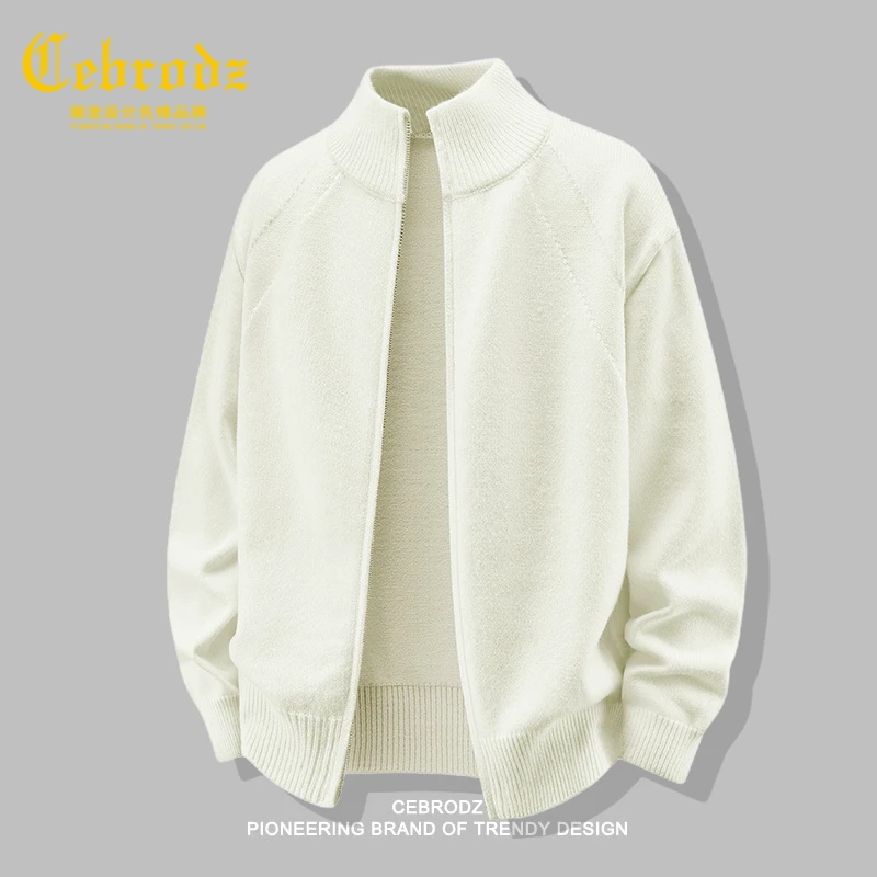 法国Cebrodz日系白色立领开衫毛衣男秋冬新款针织衫百搭毛线衣男