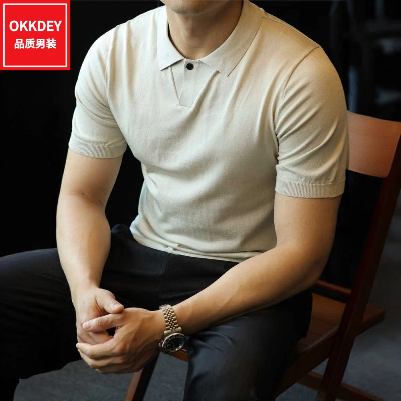 夏季薄款针织短袖t恤男士商务休闲高级感冰丝polo衫翻领打底上衣
