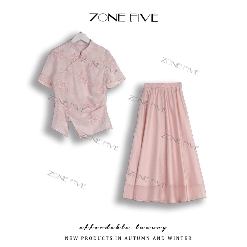 【zonefive】2025夏季新中式国风显瘦时尚绣花优雅黑色气质连衣裙