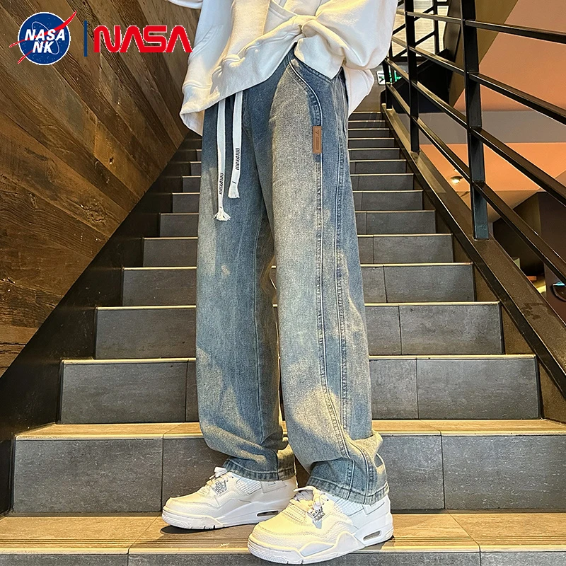 NASA联名阔腿牛仔裤男秋季宽松直筒休闲长裤男款潮流美式高街裤子