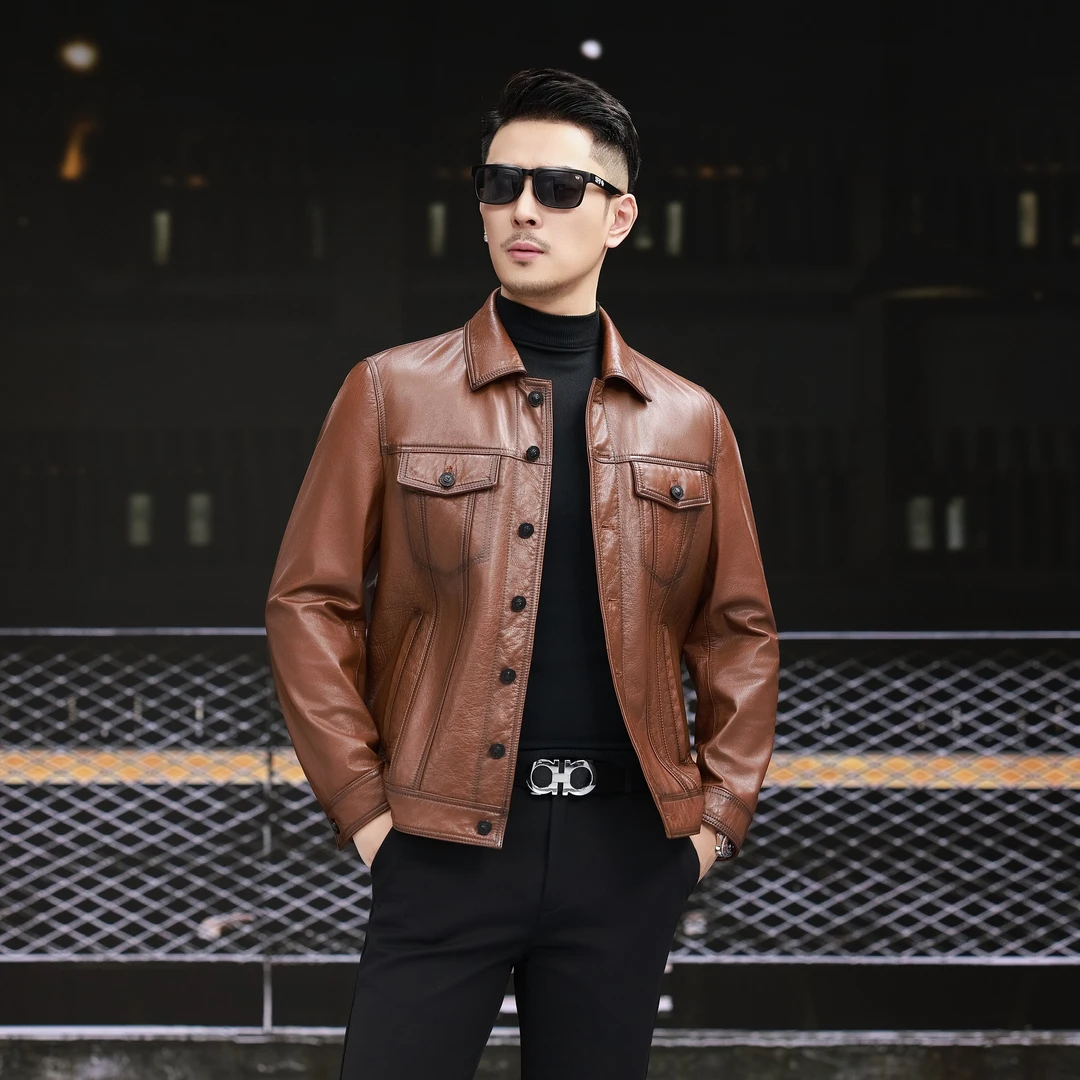 【名驰】海宁春秋新款男士外套真皮做旧牛皮牛仔风休闲夹克25808