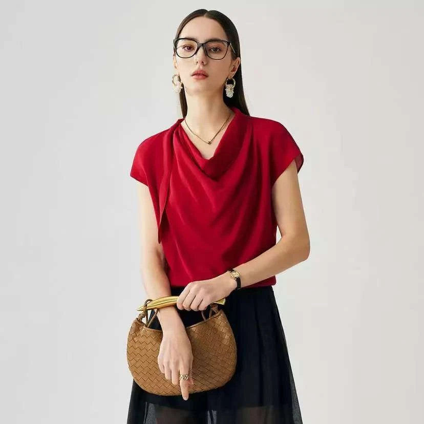 【桑蚕丝建宏绉】简约纯色荡领休闲舒适轻奢优雅37053透气女T恤