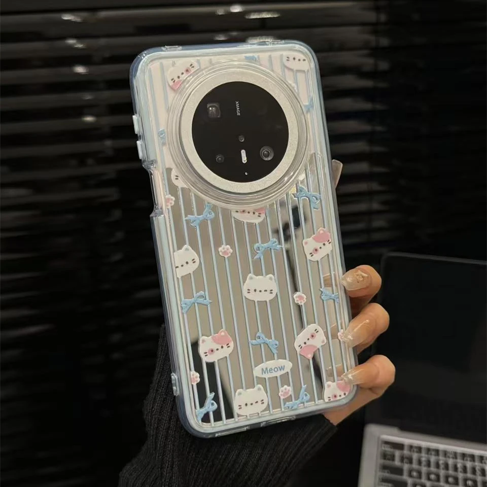 适用华为mate60pro+手机壳p60pro创意蓝色条纹镜面猫咪mate70女款