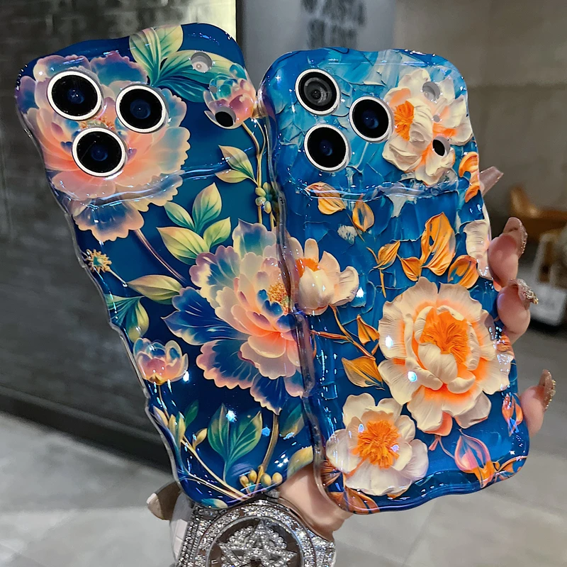 适用苹果系列iPhone17新款手机壳小众梦幻蓝调牡丹精孔透气扭扭边