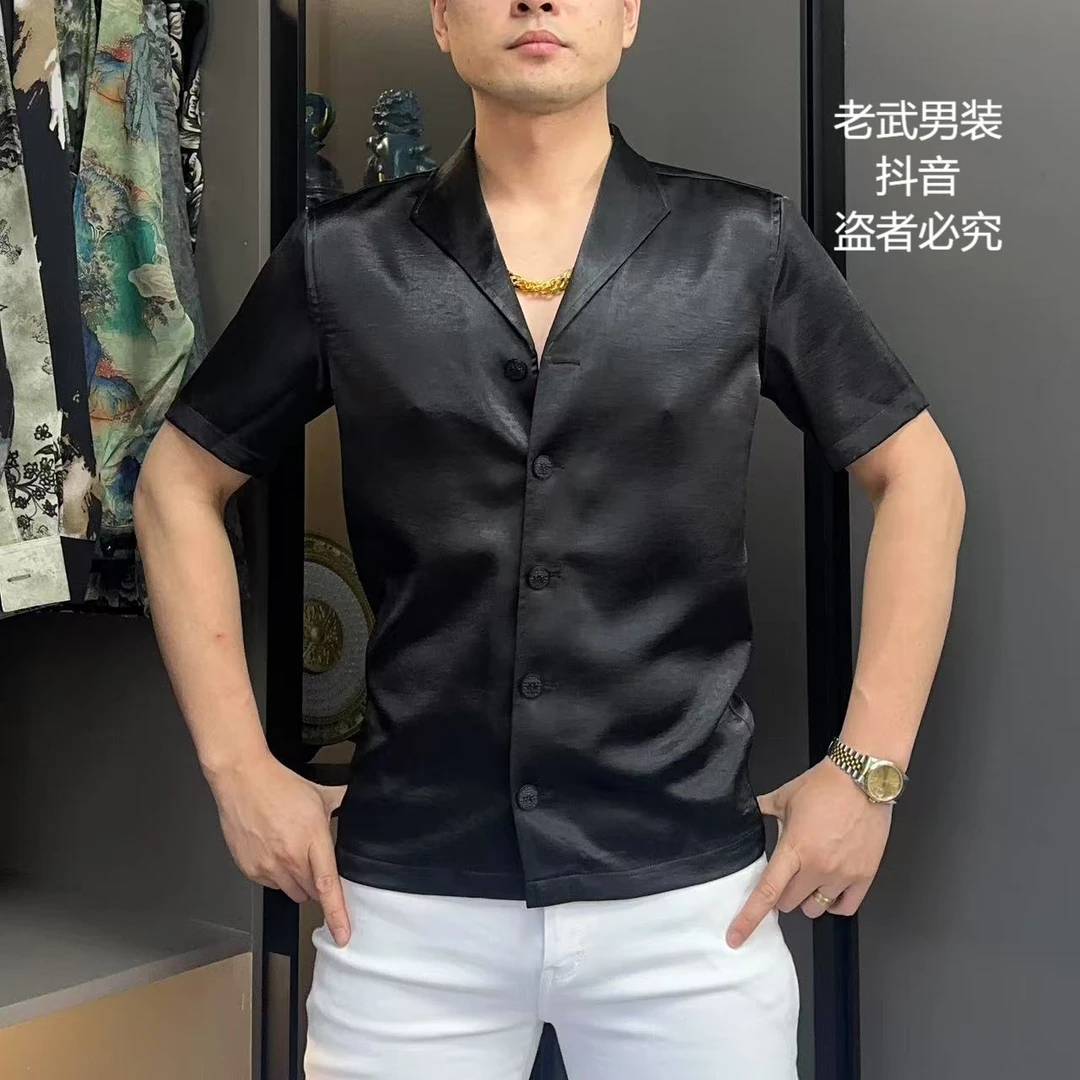 2025夏季新款男士修身宽领V领高级休闲商务丝滑短袖半袖西服衬衫