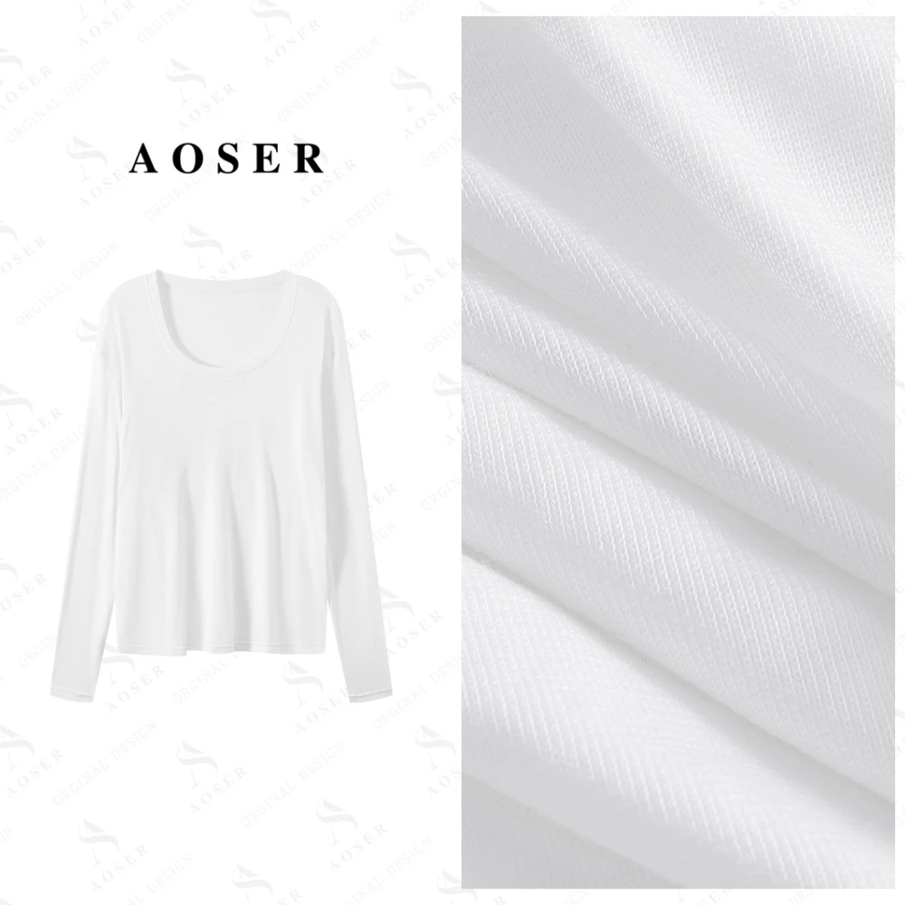 AOSER女士时尚宽松U型领极简风长袖纯色打底T恤女装022