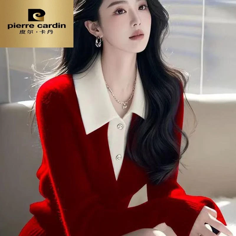 皮尔卡丹拼色羊绒翻领设计感宽松毛衣女春秋慵懒风100纯羊毛打底