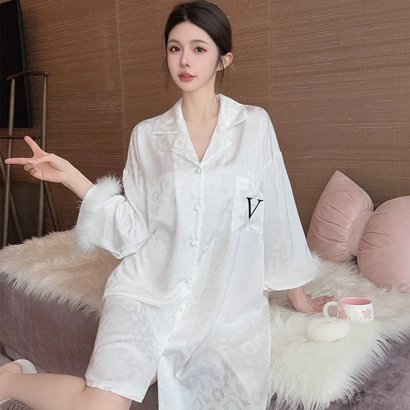 冰丝睡衣女款2025夏季爆款轻奢羽毛衬衫睡裙大码宽松高级感家居服