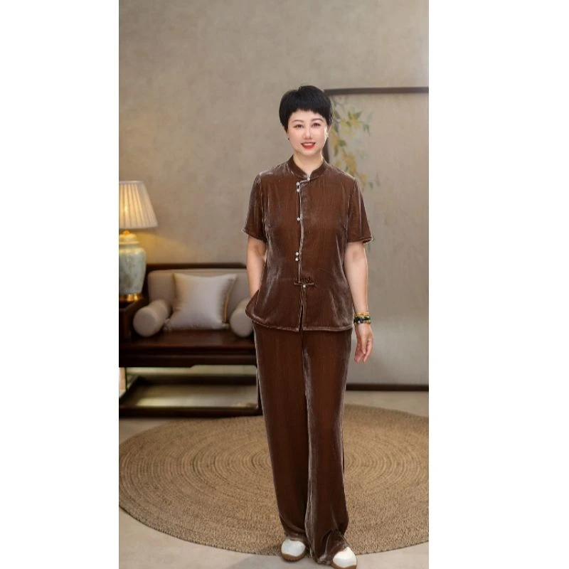 【100桑蚕丝真丝丝绒】2025春夏新中式立领上衣直筒裤套装3925/3531