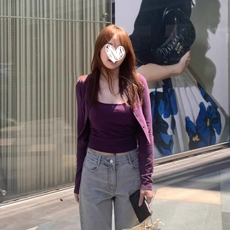 2025年秋季紫色吊带背心长袖开衫套装修身显瘦百搭两件套女上衣潮