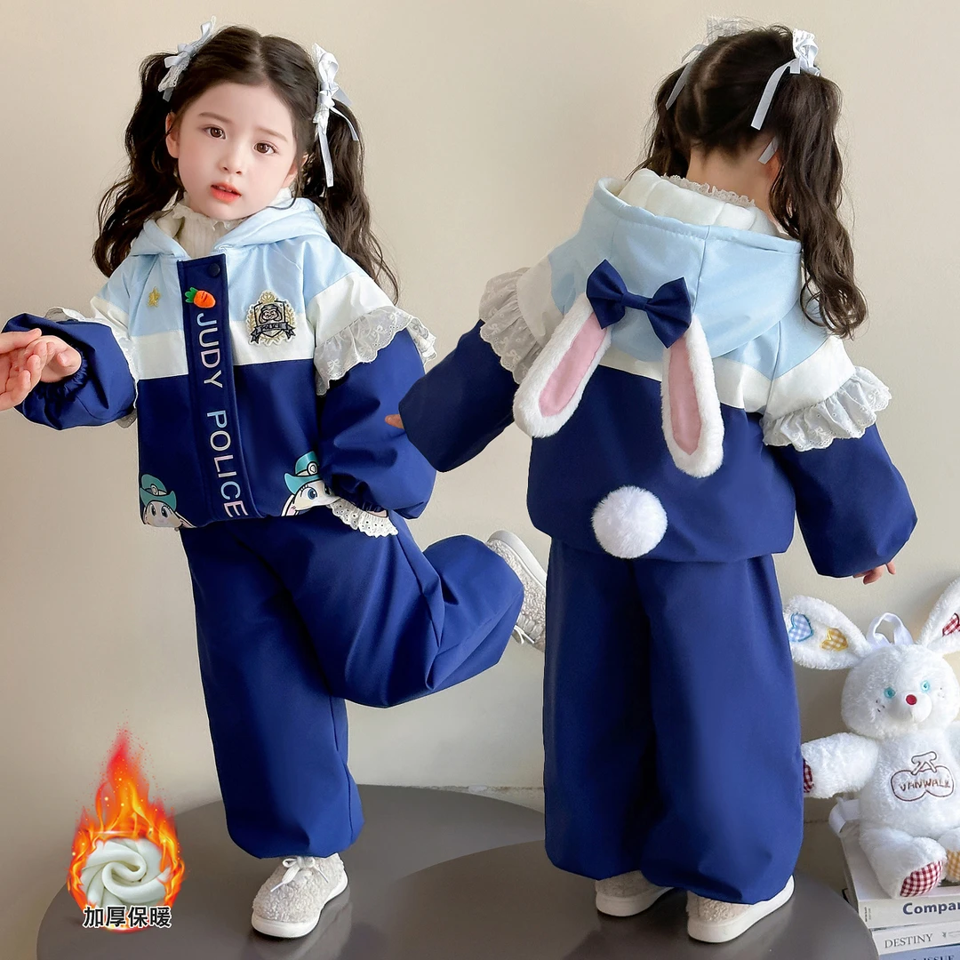 女童加绒加厚套装洋气儿童冲锋衣外套秋冬款女宝宝棉衣棉裤两件套