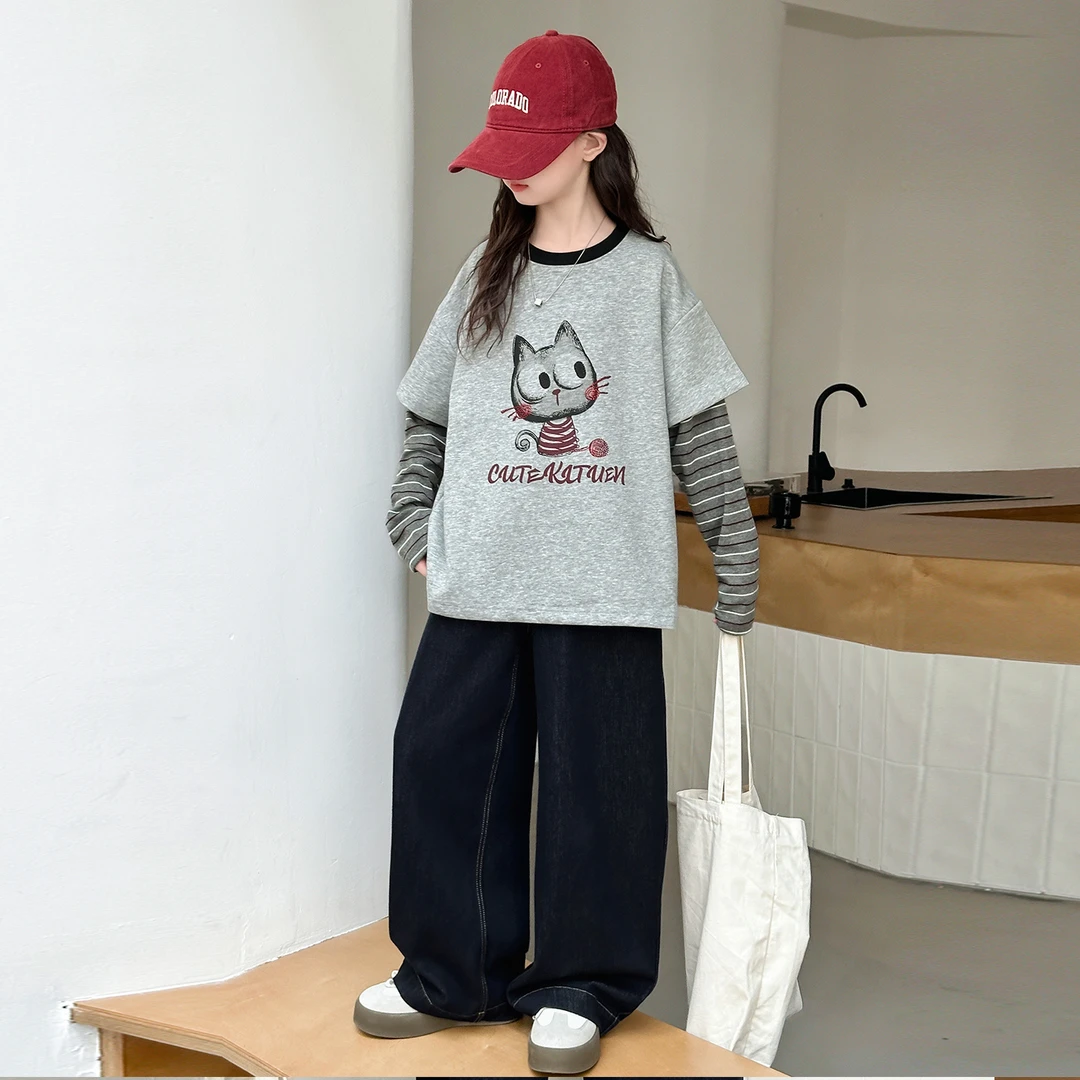 韩版女童秋装套装2025新款儿童假两件条纹卫衣女孩牛仔裤两件套潮
