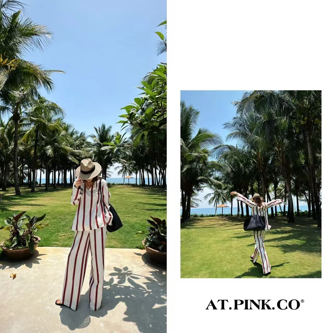 【裤子】度假系列红色条纹休闲裤  F038