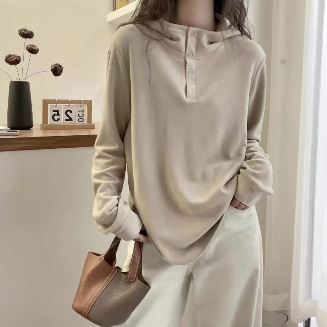 浅杏色连帽卫衣女秋冬新款宽松休闲内搭长袖上衣立领外套潮