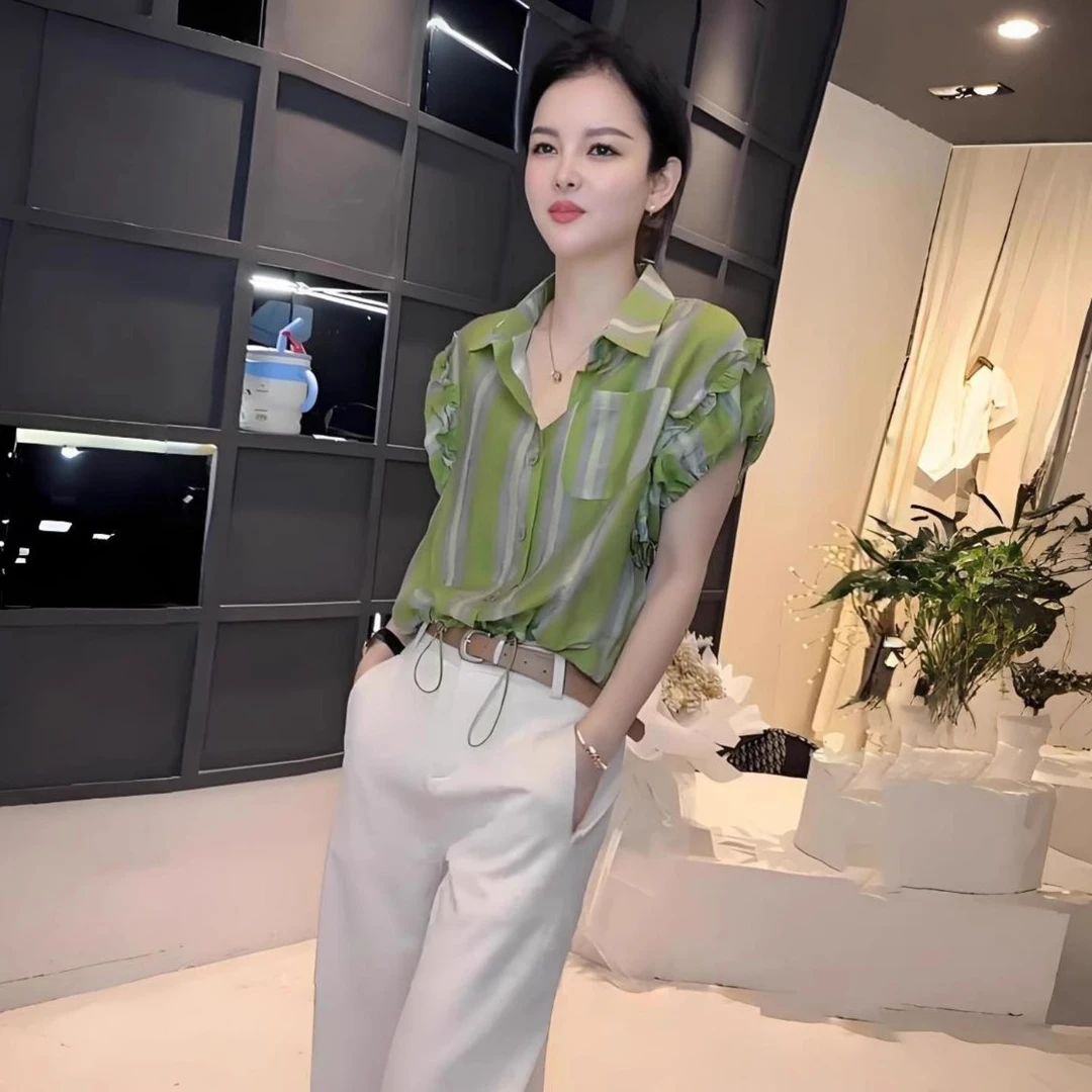 拉夏贝尔时尚衬衫夏季新款洋气减龄条纹翻领上衣显瘦百搭短袖衬衣