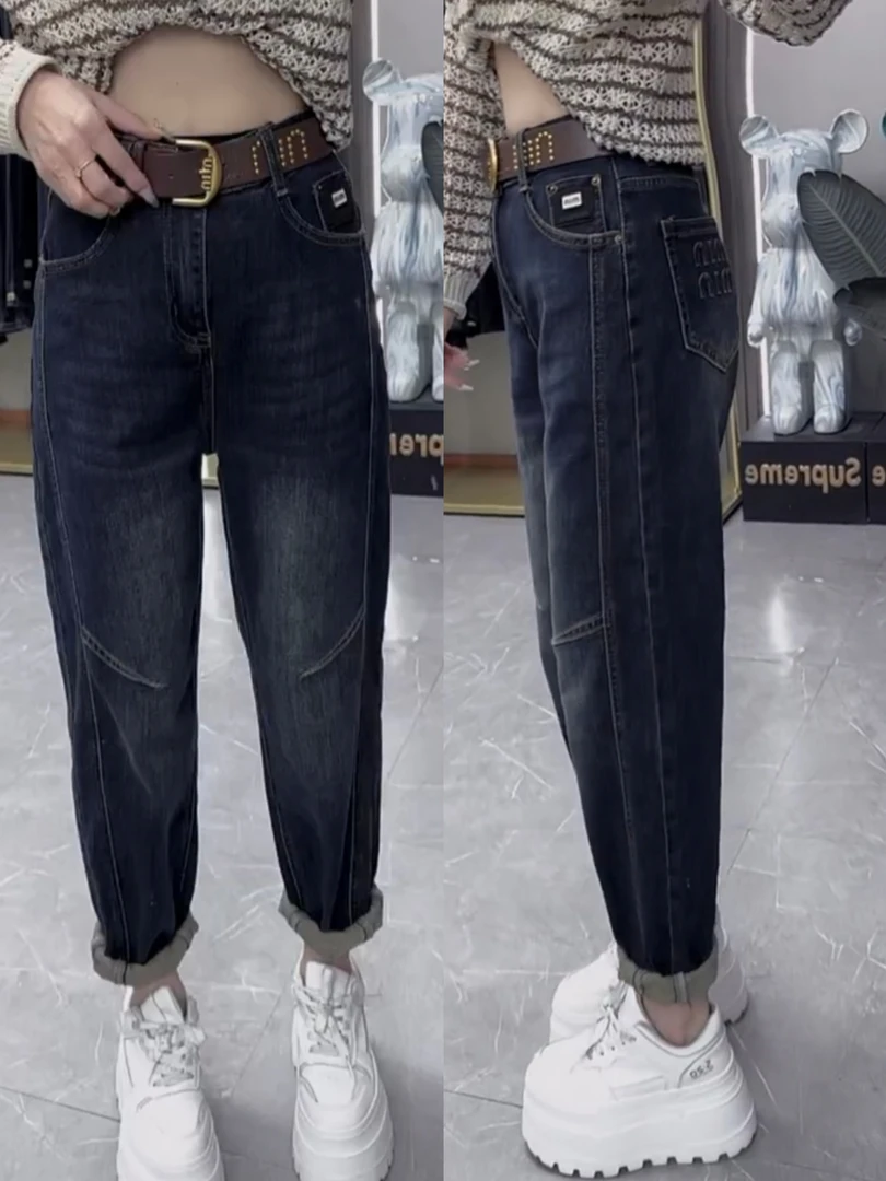 秋季新款复古怀旧哈伦牛仔裤大码女装梨形身材显瘦九分弹力老爹裤