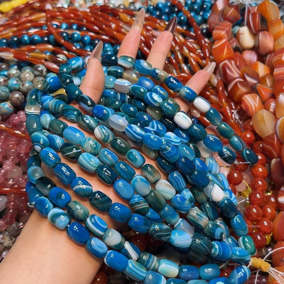 玛瑙/玉髓未镶嵌珠宝半成品10✖️14mm蓝玛瑙线条桶一条