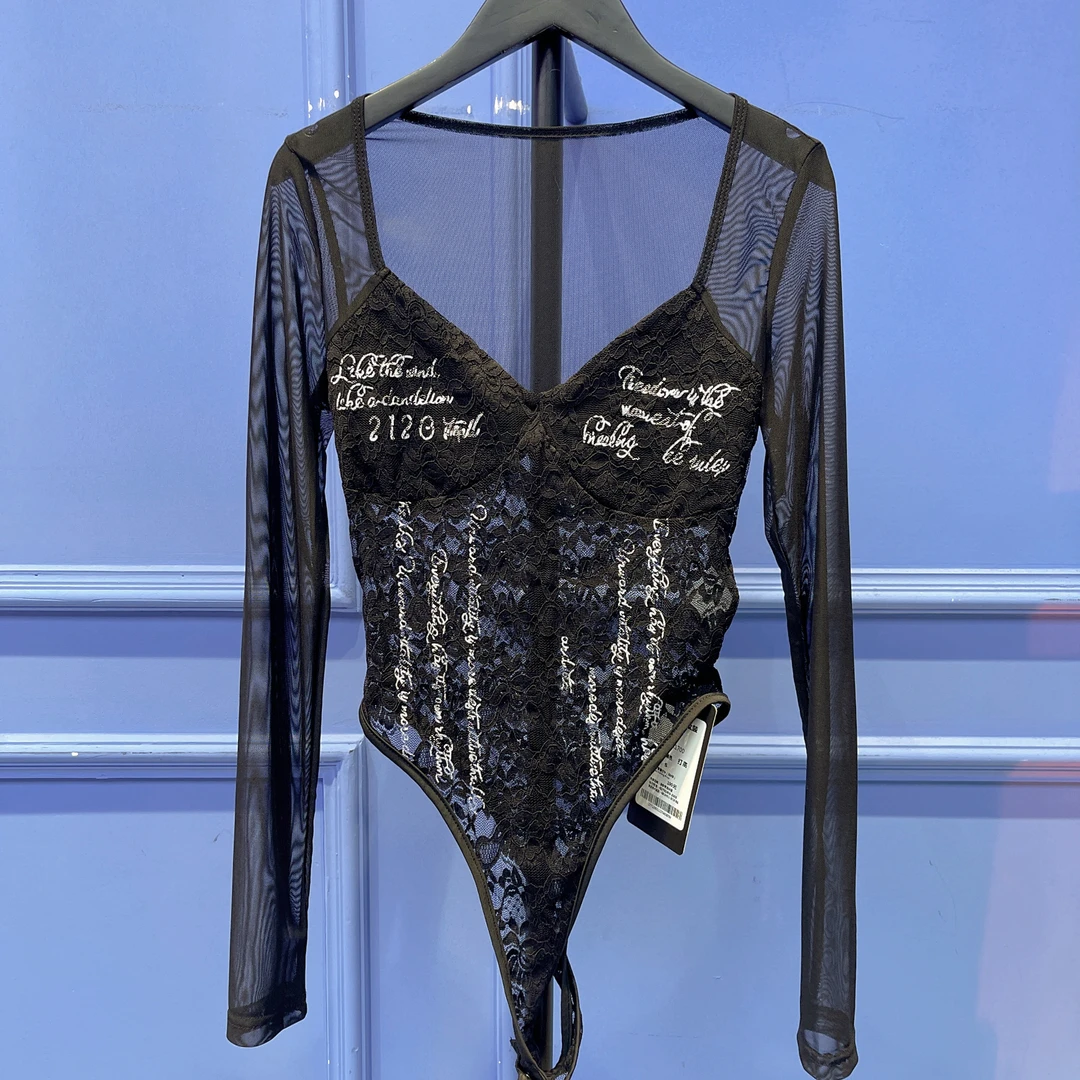 RR1700锐宝潮牌手工手绣百搭个性休闲网纱字母蕾丝定位打底衣