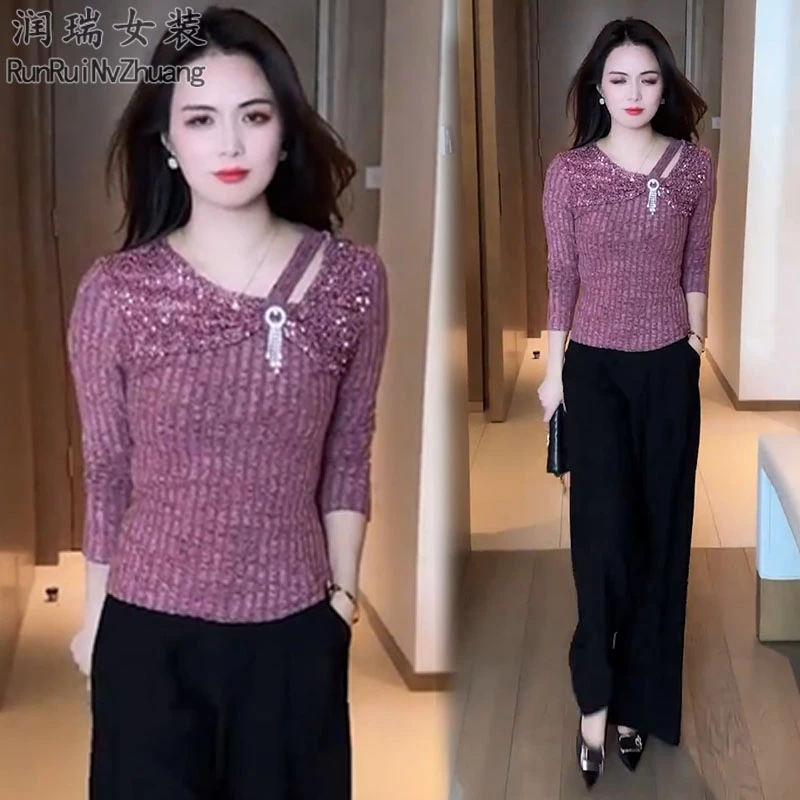 轻熟风时尚套装女2025秋季新款女人味亮闪长袖T恤阔腿裤两件套潮