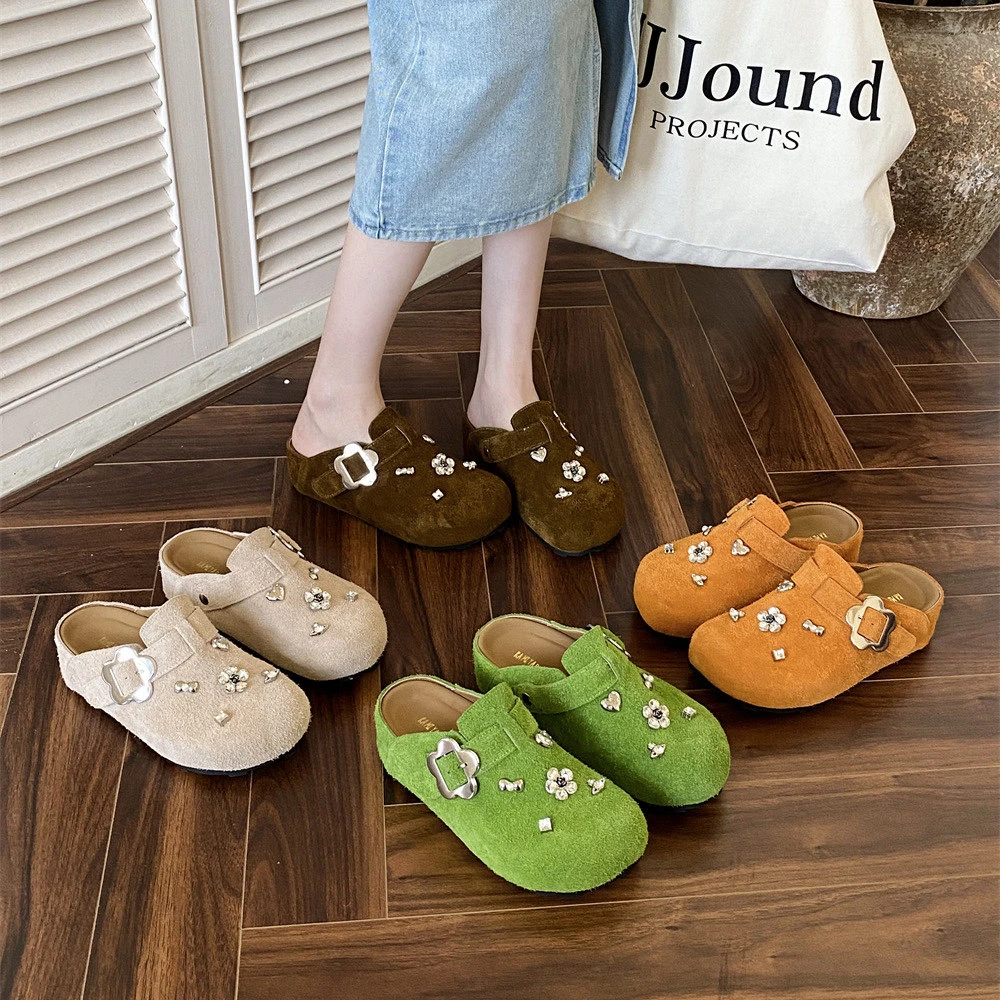 5CM头层牛皮厚底小个子软底手工拉毛赫本闪钻包头拖鞋勃肯鞋7882