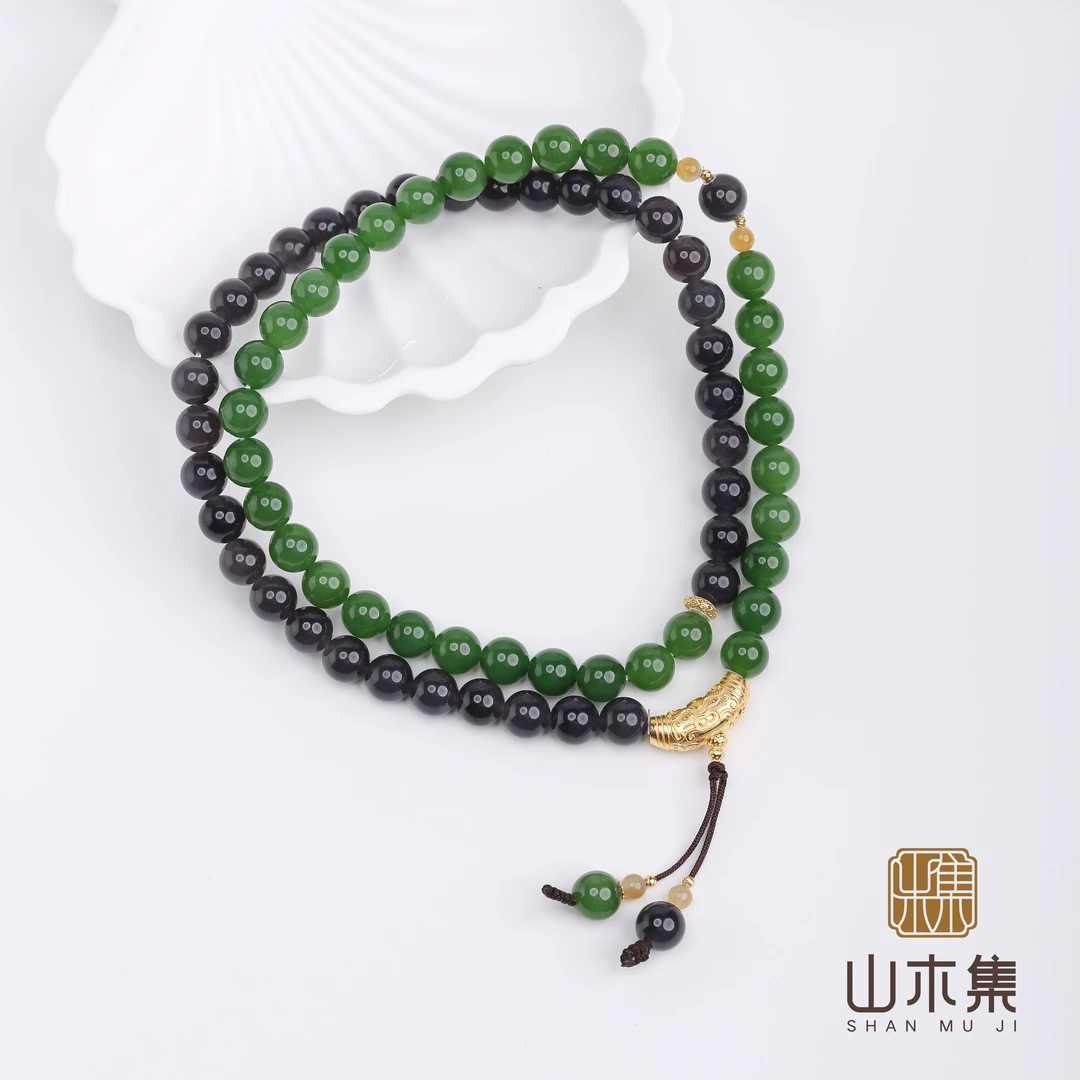 【苏荷】（18K金）阳绿荧光碧玉0.8帝王紫和田玉多圈手串%（多样性）