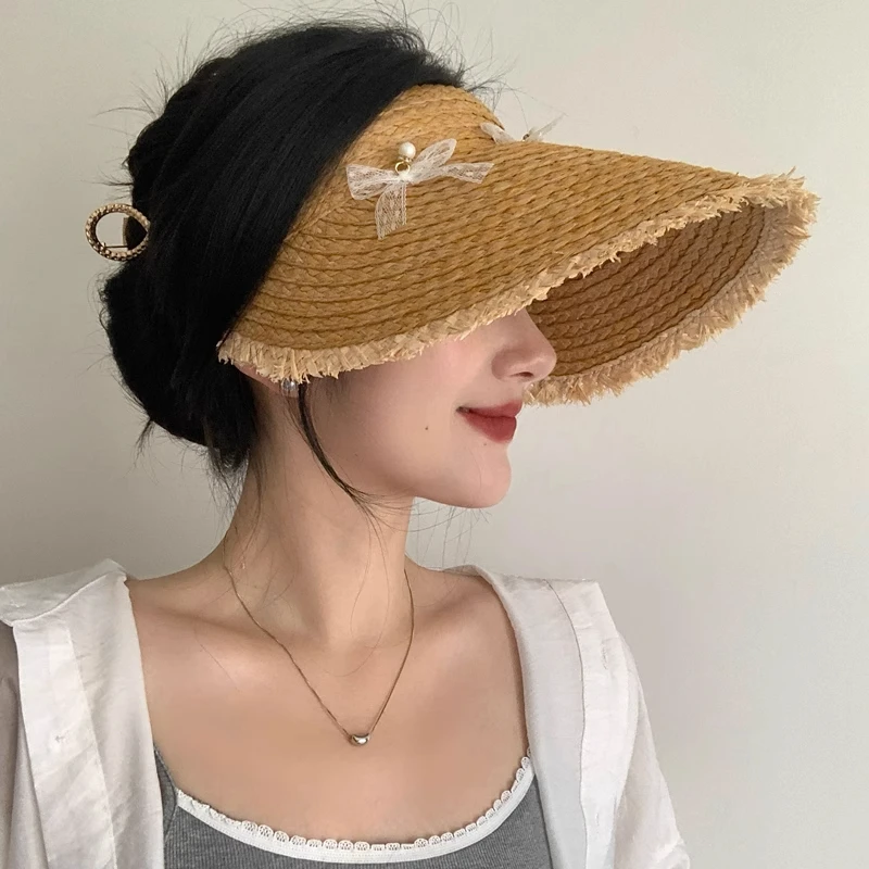 海边度假风蝴蝶结拉菲草帽女夏季出游户外遮阳防紫外线空顶防晒帽