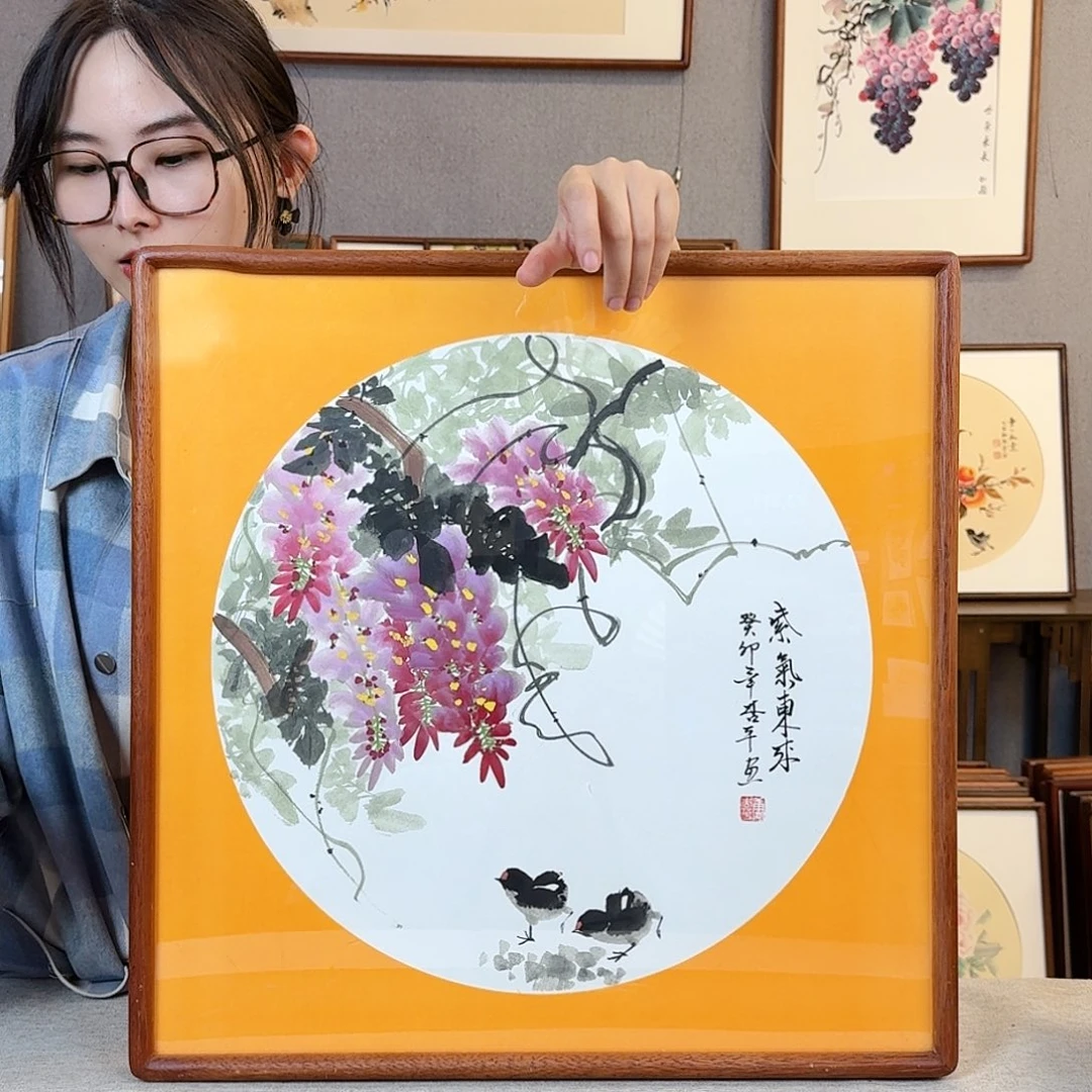 国画纯手绘，纯手写带框尺寸：53×53厘米