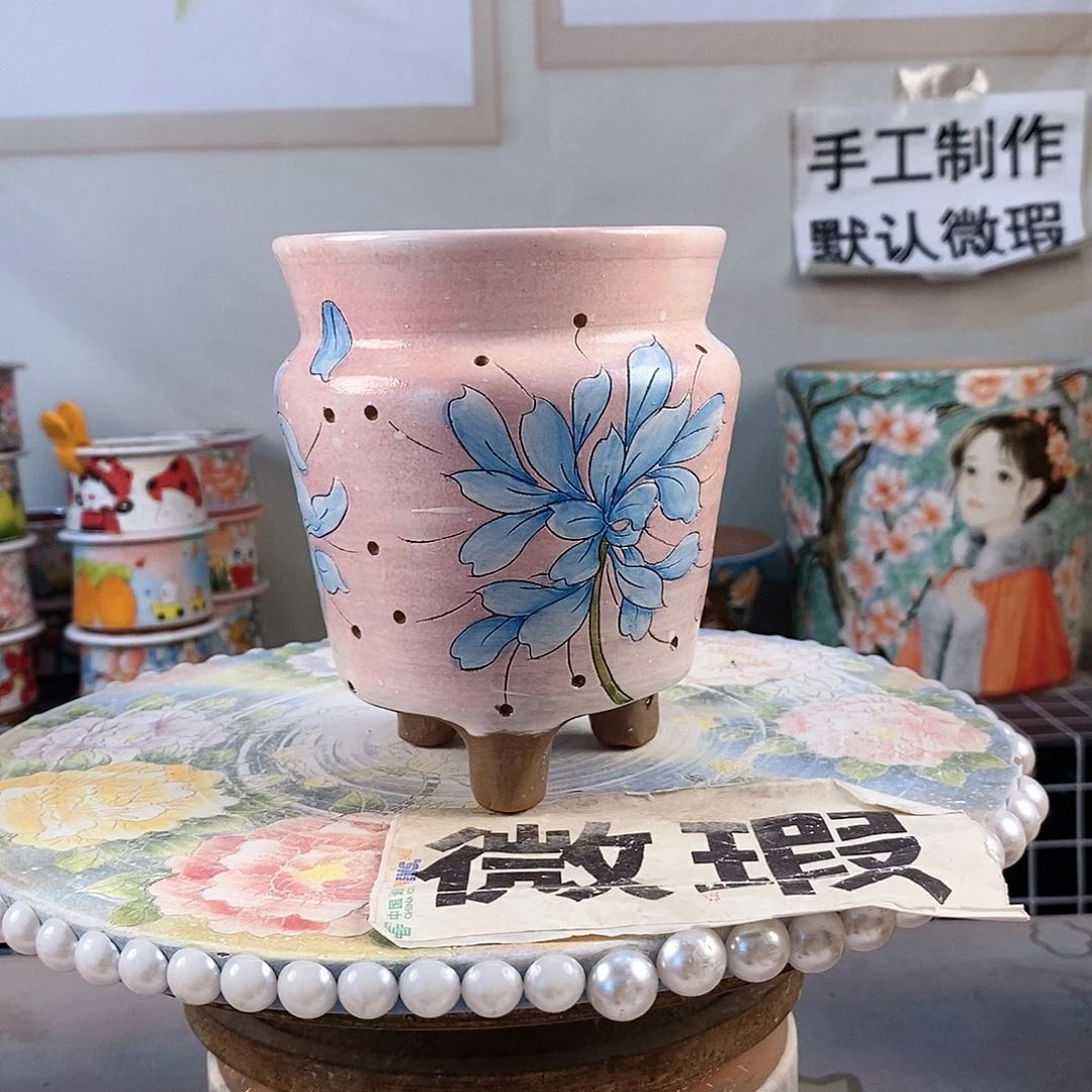 紫砂花盆红陶手绘花盆