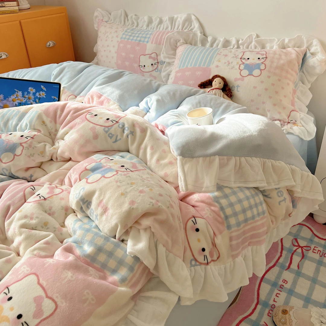 猫咪日记韩式博主风花边款INS风牛奶绒卡通四件套学生三件套床品