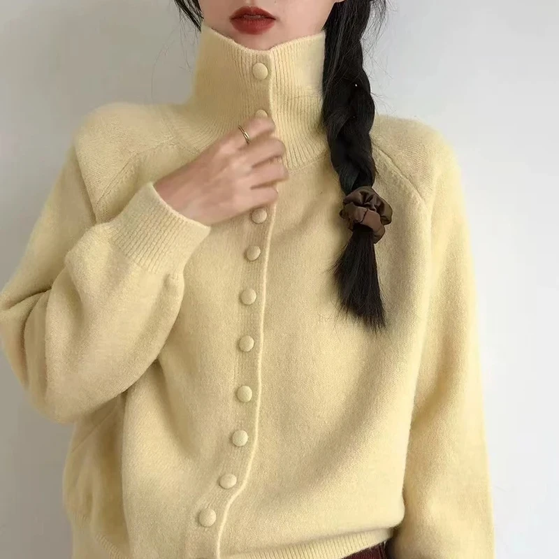 慵懒风韩系高领针织开衫女气质秋冬季新款复古高级感宽松毛衣外套