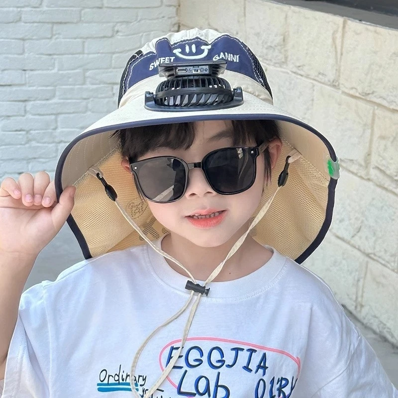 儿童夏季太阳能充电带风扇帽子男女童透气大檐防晒户外遮阳披肩帽