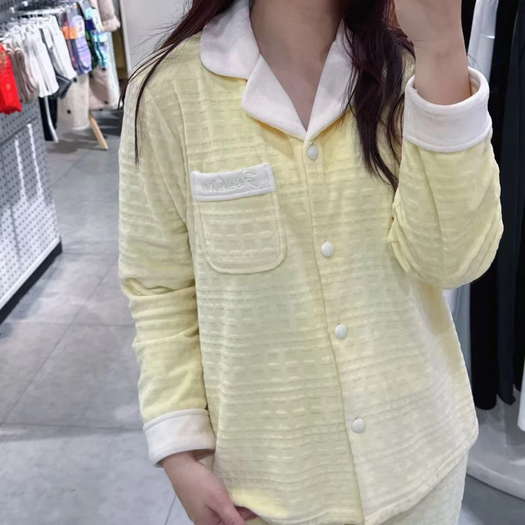 秋冬海岛绒竹篱花加绒压花优雅高级感保暖舒适睡衣长袖长裤1465