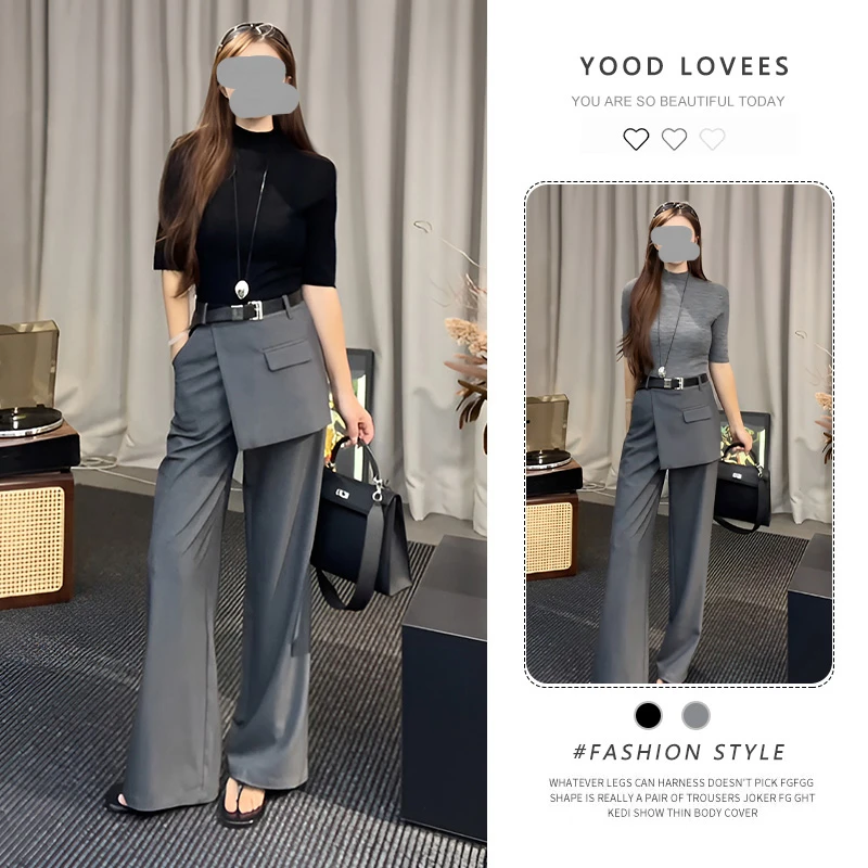 韩版简约休闲中袖T恤高级感垂感灰色西装阔腿裤女2025春秋两件套