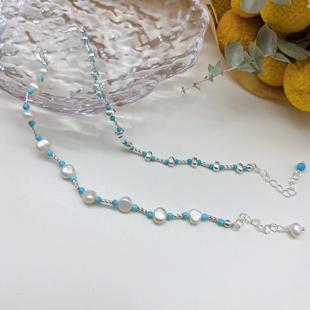 铜合金仿珍珠手链 04010 蓝色串珠手链一条，两款，长17+4cm左右