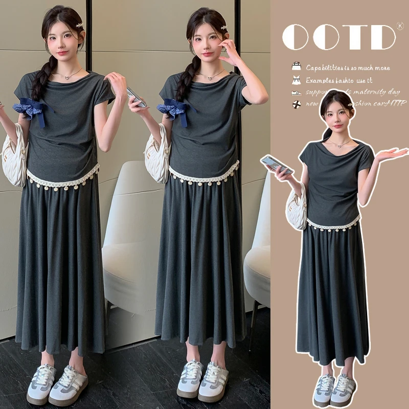 孕妇夏季短袖上衣搭配半身裙时尚高级穿搭套装显瘦高腰休闲外穿