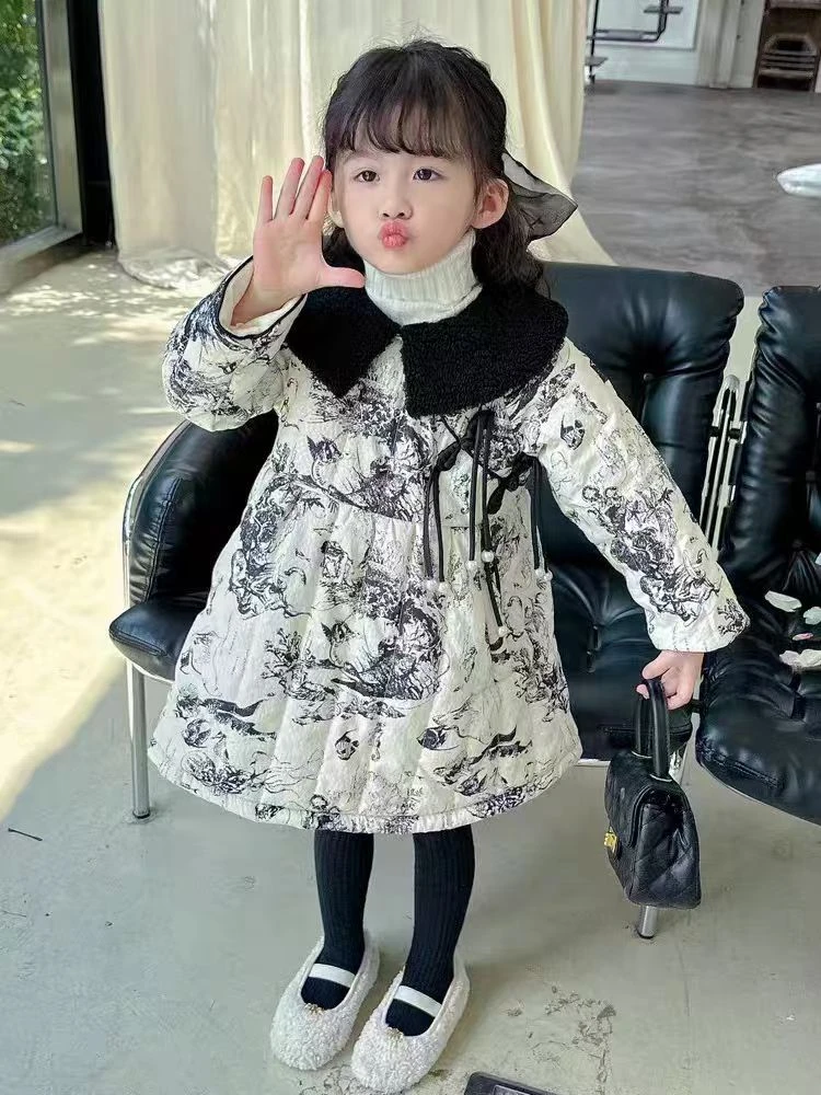 女童套装2024秋冬新款中式国风水墨画儿童复古盘扣长袖上衣加厚潮