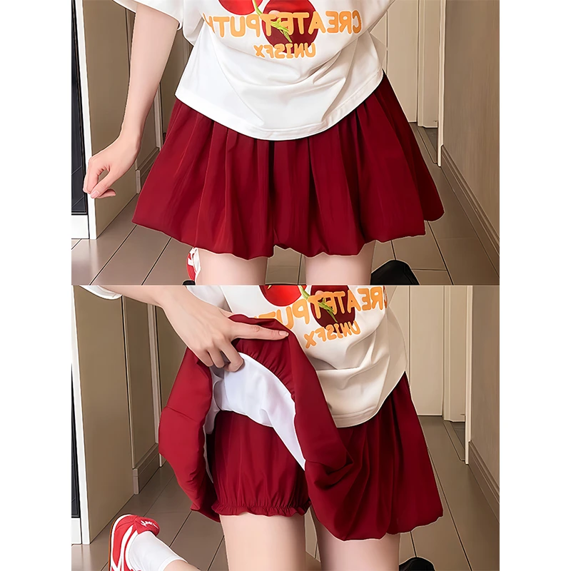 红色蓬蓬花苞短裙女夏季高腰显瘦美式复古辣妹防走光a字百褶短裙
